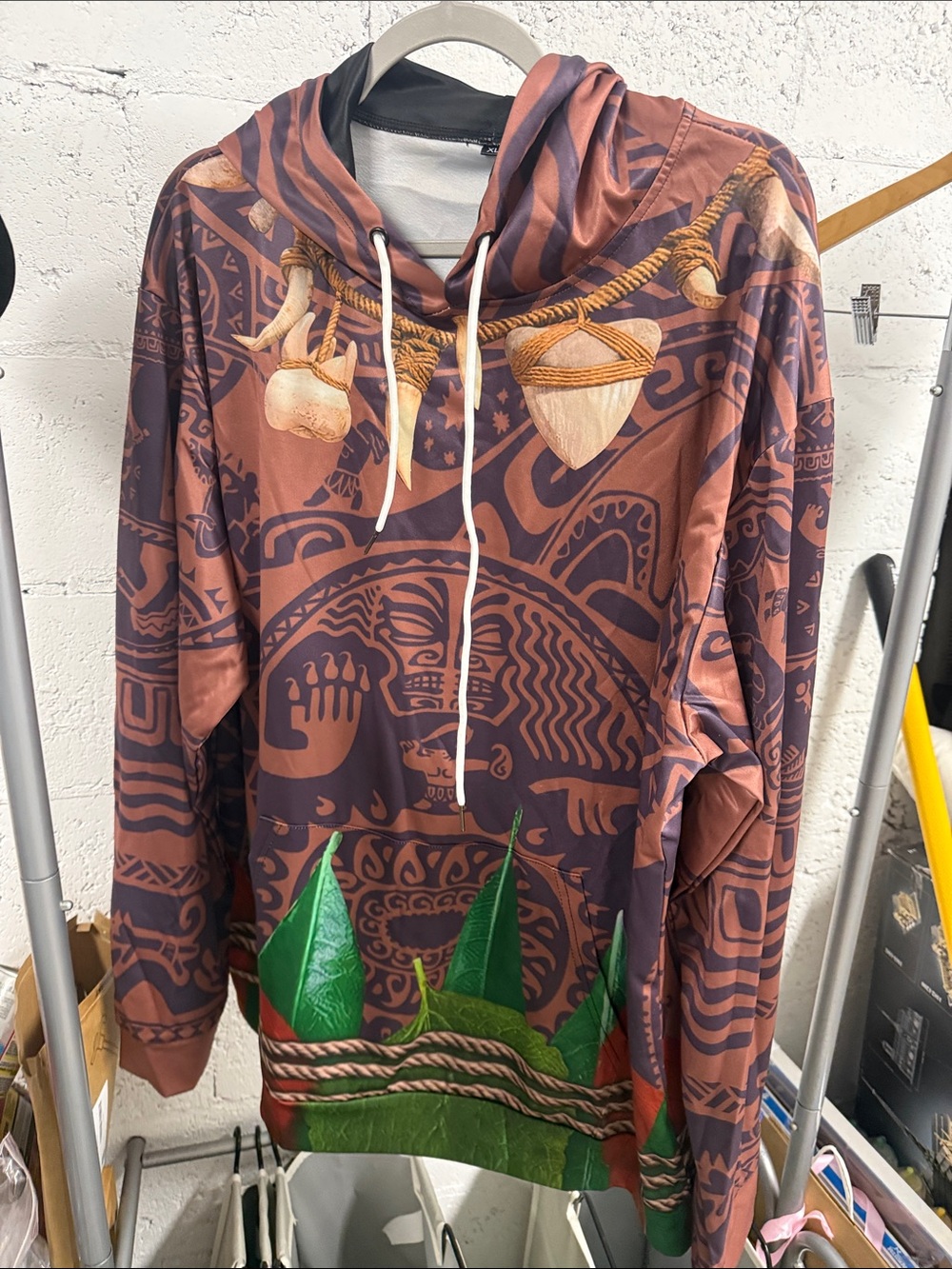 Men's Brown Patterned Hoodie with Green Accent - Size XL - NWOT